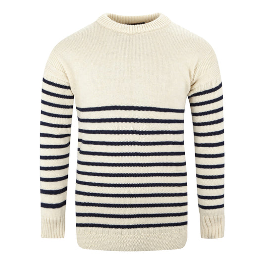 J M Cooper Breton Crew Jumper - Ecru/Navy Stripe