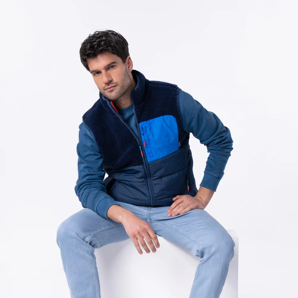 Billy Belt Sleeveless Two-Material Sherpa Jacket - Navy