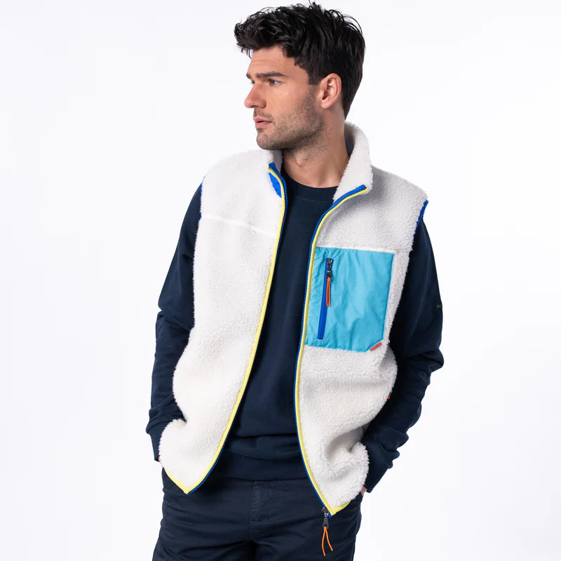 Billy Belt Unisex Sleeveless Sherpa Jacket - Ivory/Blue