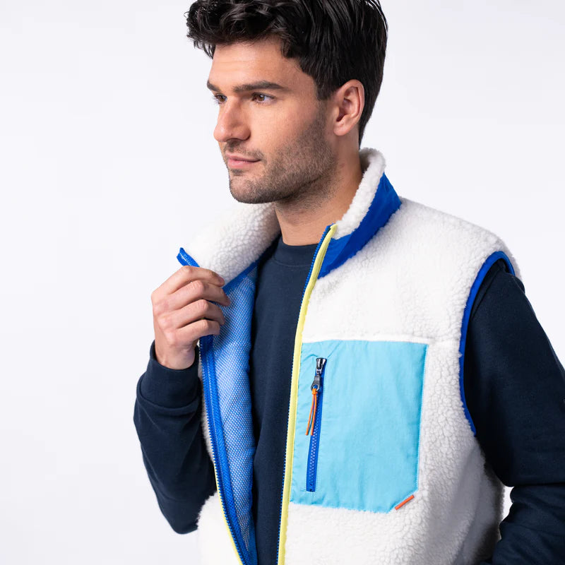 Billy Belt Unisex Sleeveless Sherpa Jacket - Ivory/Blue