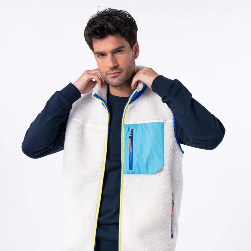 Billy Belt Unisex Sleeveless Sherpa Jacket - Ivory/Blue