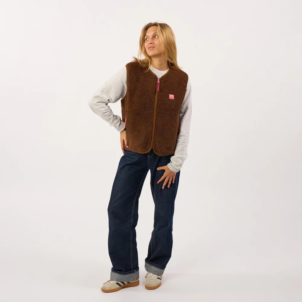 Billy Belt Womens Sleeveless Sherpa Jacket with Zip - Brown