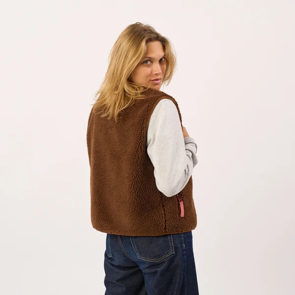 Billy Belt Womens Sleeveless Sherpa Jacket with Zip - Brown
