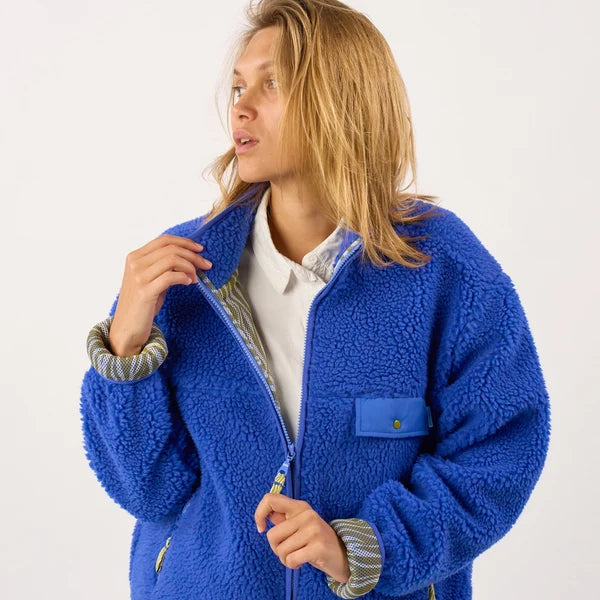 Billy Belt Womens Long Sleeve Sherpa Jacket with Zip - Electric Blue
