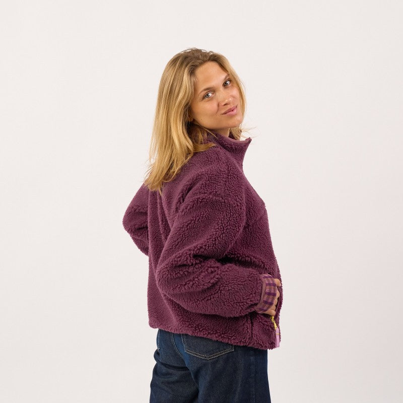 Billy Belt Womens Long Sleeve Sherpa Jacket with Zip - Plum