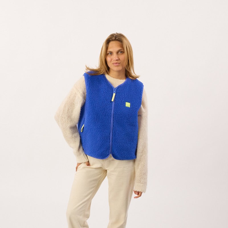 Billy Belt Womens Sleeveless Sherpa Jacket with Zip - Electric Blue