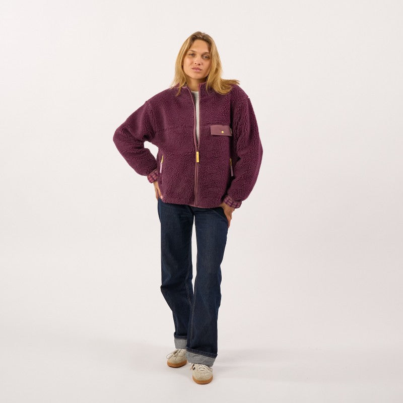 Billy Belt Womens Long Sleeve Sherpa Jacket with Zip - Plum