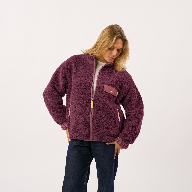 Billy Belt Womens Long Sleeve Sherpa Jacket with Zip - Plum