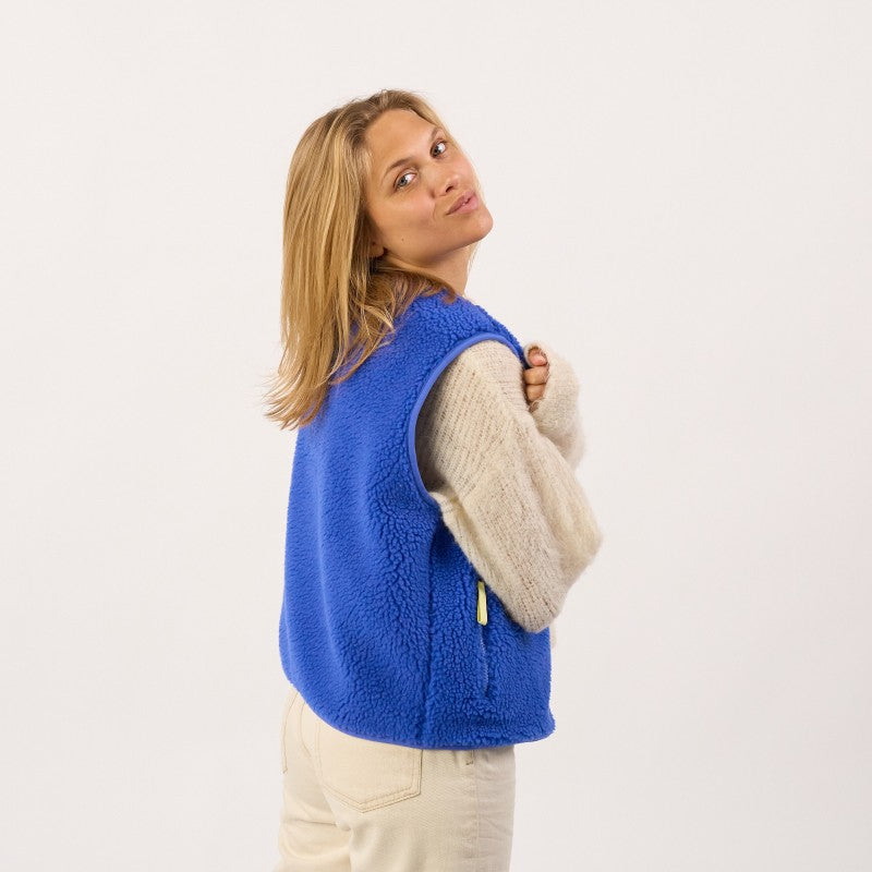 Billy Belt Womens Sleeveless Sherpa Jacket with Zip - Electric Blue
